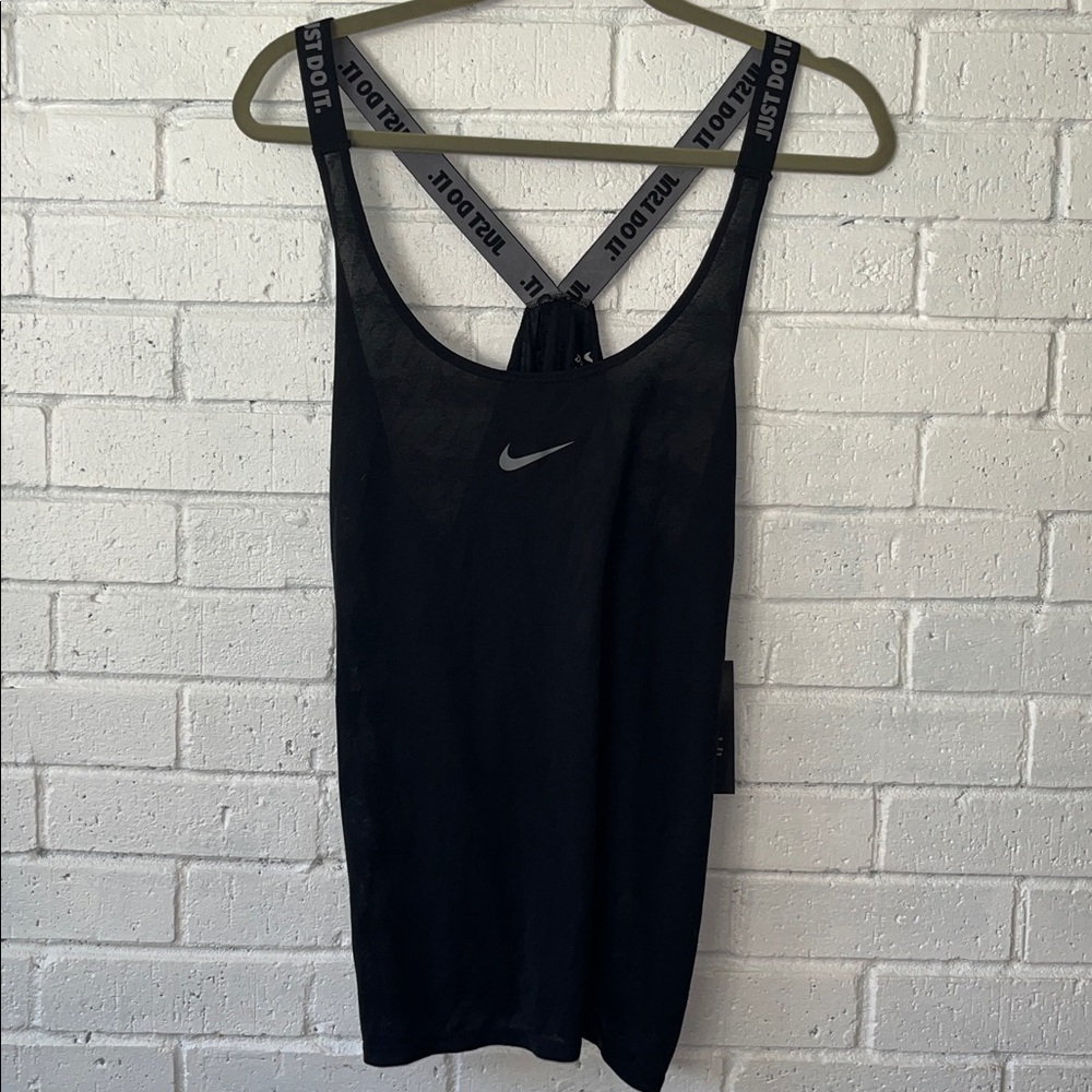 NWT Women’s Nike DRI-FIT Sheer Black Tank Top Sz. XL Logo Straps Swoosh on Front